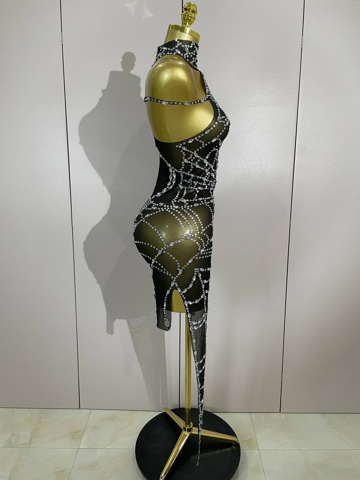 Women’s Sparkly Asymmetric Mesh Bodycon Mini Dress – Club Party Costume